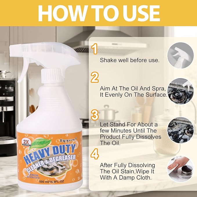 500ml Powerful Kitchen Degreaser Foam Spray – Heavy Duty Cleaning Spray - For Stubborn Splatters, Stove Top, Grill, Drip Pans, & Oven - On All Surfaces ,Lemon Fresh Scent