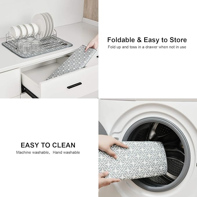 SUBEKYU Dish Drying Mats for Kitchen Counter, Microfiber Absorbent Dish Drainer/Rack Pads for Sink, 19.5*15.8 inch, Set of 2, Grey, leaf