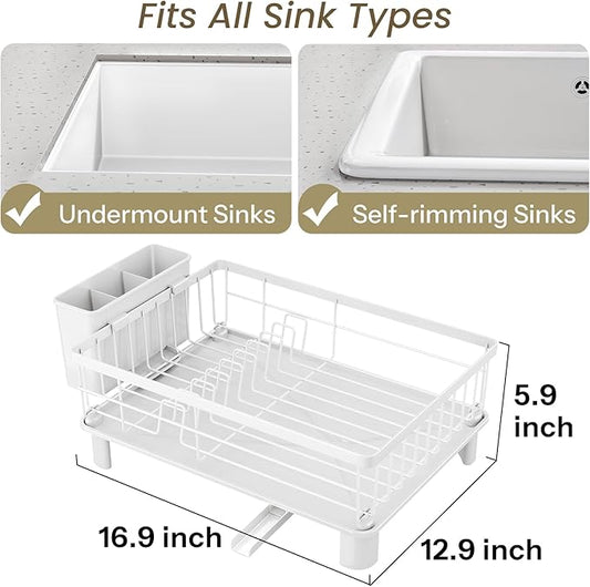 SNTD Dish Drying Rack - Small Dish Rack for Kitchen Counter, Stainless Steel Dish Drainer with Utensil Holder and Drainboard, 12.9" W x 16.9" L (White)