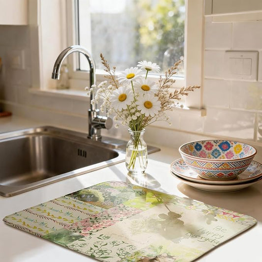 Floral Dish Drying Mat, Ultra Absorbent Microfiber Dish Drainer Mat Sage Green Plant Drying Mats for Kitchen Counter, Coffee Maker, 18 x 24 Inch