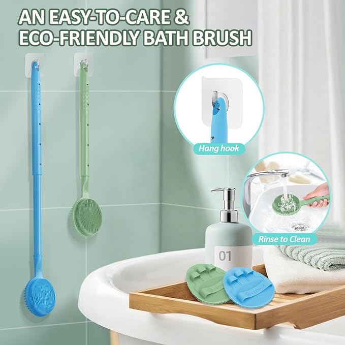 Soft Silicone Back Scrubber & Bath Glove 2PCS, 16''- 24'' Extendable Shower Scrubber with Dual-Side Head, 360° Anti-Slip & Hand-fit Silicone Body Scrubber for Rich Foaming Deep Cleaning(Blue)