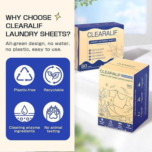 Clearalif All in One Laundry Detergent Sheets Kit, Fresh Linen Scent, 160 Loads Laundry Sheets + 160 Drying Sheets, Laundry Set Great for Travel, Softener Sheets Eco Package Friendly & Hypoallergenic