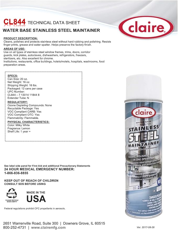 Claire CL844 HP Stainless Steel Cleaner/Maintainer Water Base, 16oz net wt