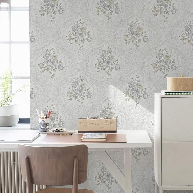 Ismoon Floral Peel and Stick Wallpaper Vintage White and Grey Contact Paper Boho Watercolor Damask Wallpaper Textured Removable Self Adhesive Vinyl Wall Paper for Bedroom, 17.3 in X 6.5 ft