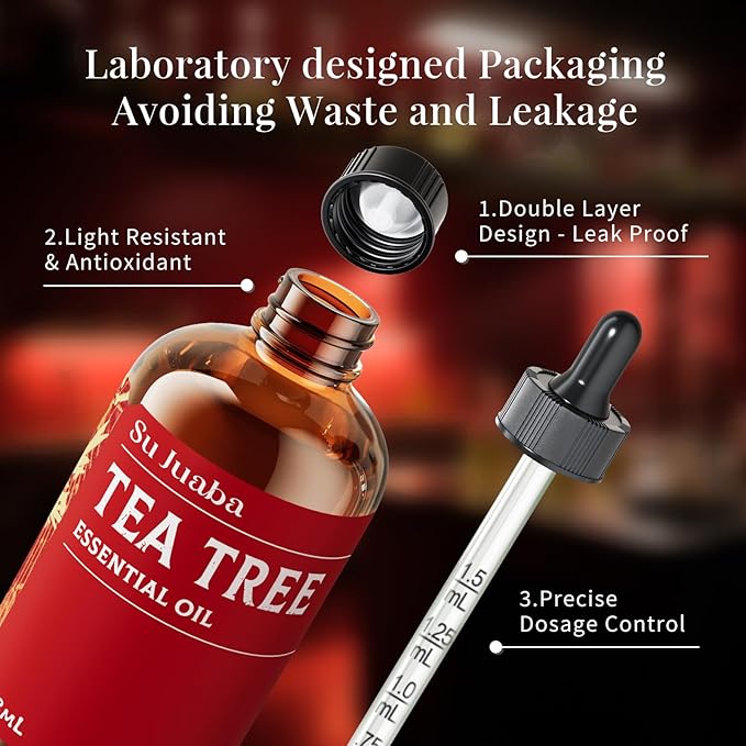 SU JUABA 4 Fl Oz Tea Tree Essential Oil, 100% Natural Aromatherapy Oil for Toenail, Skin, Face, Hair, Shampoo - 118ML