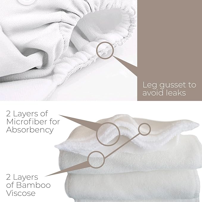 Nora's Nursery Cloth Diapers 7 Pack with 7 Inserts & 1 Wet Bag - Waterproof Cover, Washable, Reusable & One Size Adjustable Pocket Diapers for Newborns and Toddlers - B&W Unisex 2