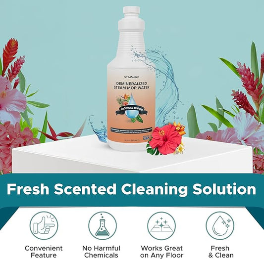 Steam & Go Demineralized Water for Steam Cleaner - PVC-Free Floor Cleaning Solution Compatible for All Steam Mops - Multi-Surface Cleaner for Home Surfaces - Tropical Bloom Scent, 32 oz
