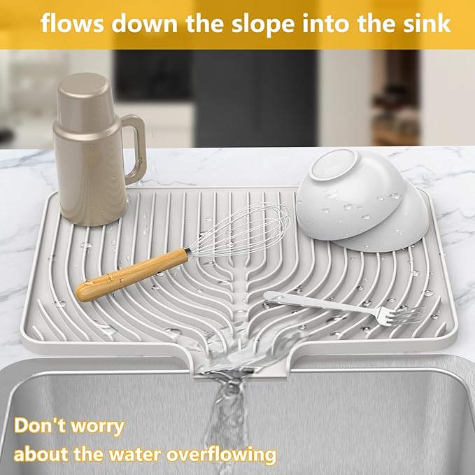 Silicone Drying Mat for Kitchen Counter , Dish Drying Rack Matt with Built in Drain, 18 Inch Dry Mats for Dishes Drying Pad for Kitchen Counter (18×12inch, white)