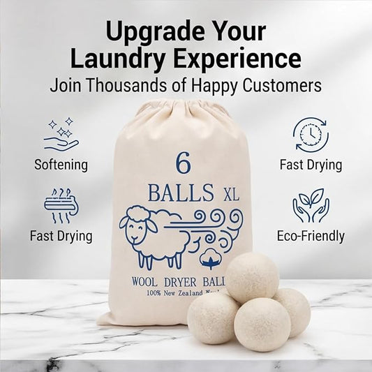Premium XL Wool Dryer Balls (2.7)6 Pack - 100% Organic New Zealand Wool - Reusable Natural Fabric Softener - Reduces Wrinkles & Shortens Drying Time - XL Jumbo Size Set of 6