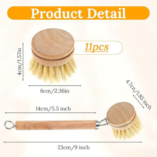 12-Piece Wooden Kitchen Dish Brush Set with One Bamboo Handle & 11 Replacement Heads, Natural Fiber Scrubber for Pots Pans Bottles Vegetables Cleaning