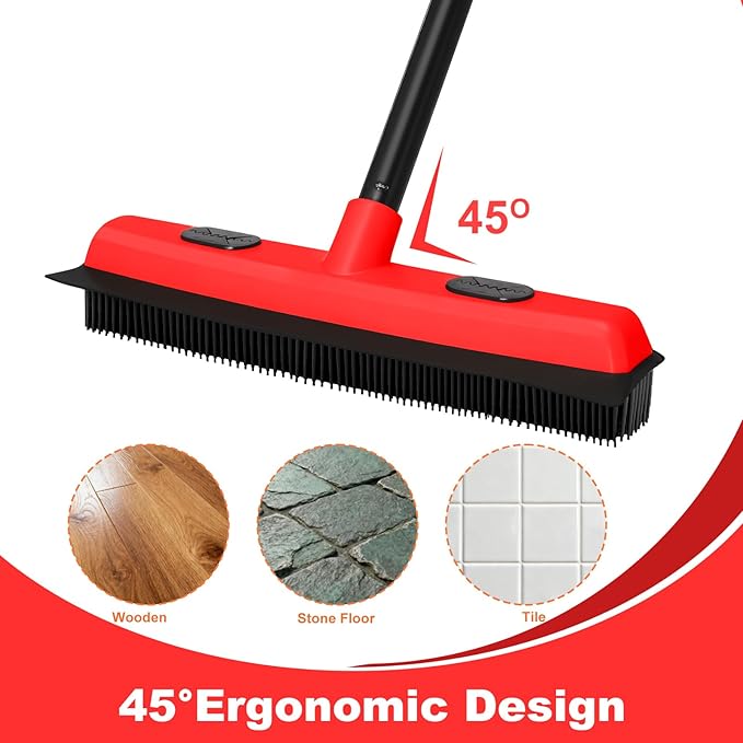 Rubber Broom for Pet Hair Removal with Squeegee, 49Inch Long Iron Handle Design, Portable Lint Remover Brush, Suitable for Carpets, Hardwood Floors and Tile Cleaning.