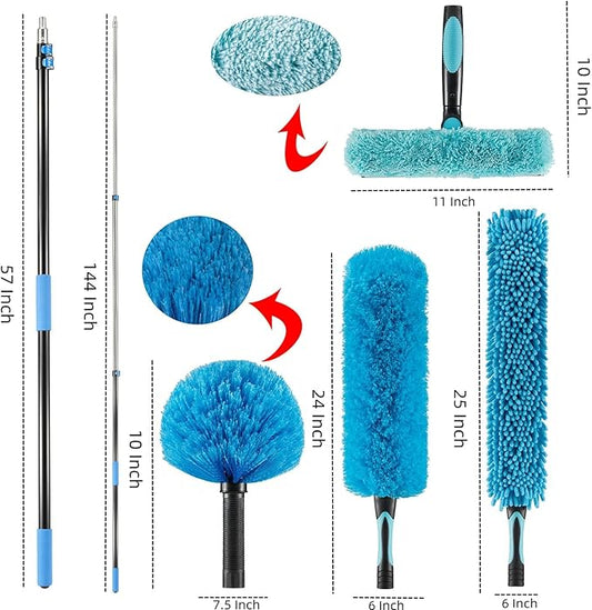 20 Foot High Ceiling Fan Duster with 5-12ft Extension Pole, Extendable Reusable Cobweb, Feather, Window Cleaning Squeegee Kit