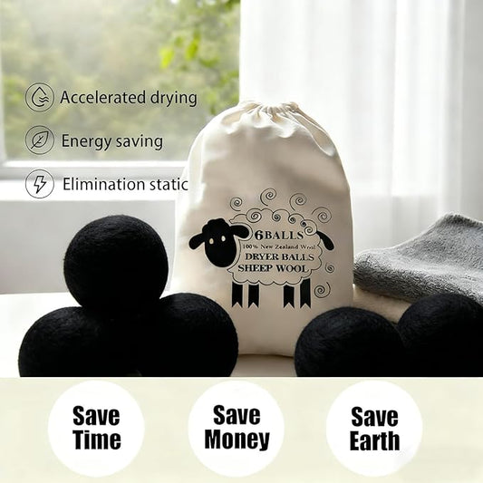 6 Pack Wool Dryer Balls Laundry Reusable Anti Static, Cotton Balls Wool Laundry Balls for Dryer Reduces Clothing Wrinkles Natural Fabric Softener Last 1000+ Loads (Black, 2.75 in/7 cm)