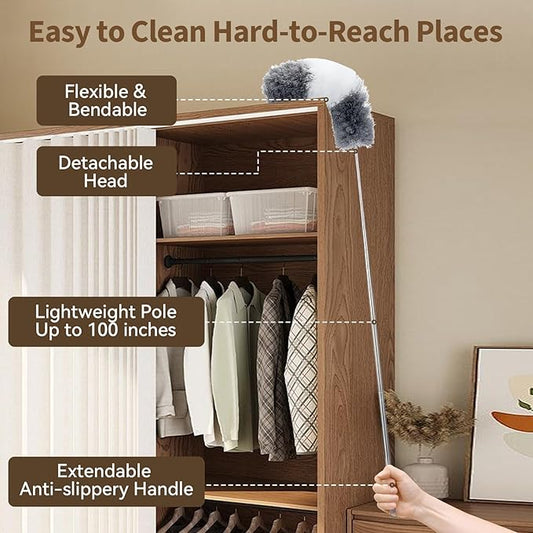HAMEINY Feather Duster for Cleaning Microfiber Furniture Dusters with Extension Pole 100 Inch High Ceiling Fan Cleaning 5-in-1 Extendable Long Cobweb Duster Car Wall Spider Web Dust Brush