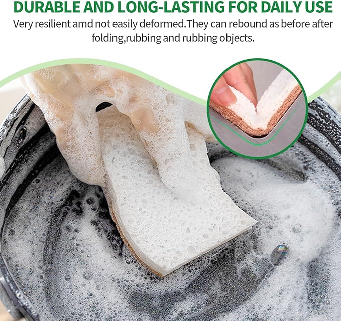 Sponges Kitchen Natural Dish Sponge Plant-Based Biodegradable Compostable Cellulose with Coconut Scrubber Sponge Non Scratch Eco Friendly Kitchen sponges for Kitchen Dishes(Pack of 6)