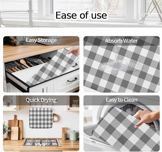 Dish Drying Mat Gray Buffalo Check Plaid Drying Mats for Kitchen Counter Farmhouse Style Absorbent Microfiber Dish Drainer Quick Drying Coffee Mat with Hanging Loop, 16 x18 inch