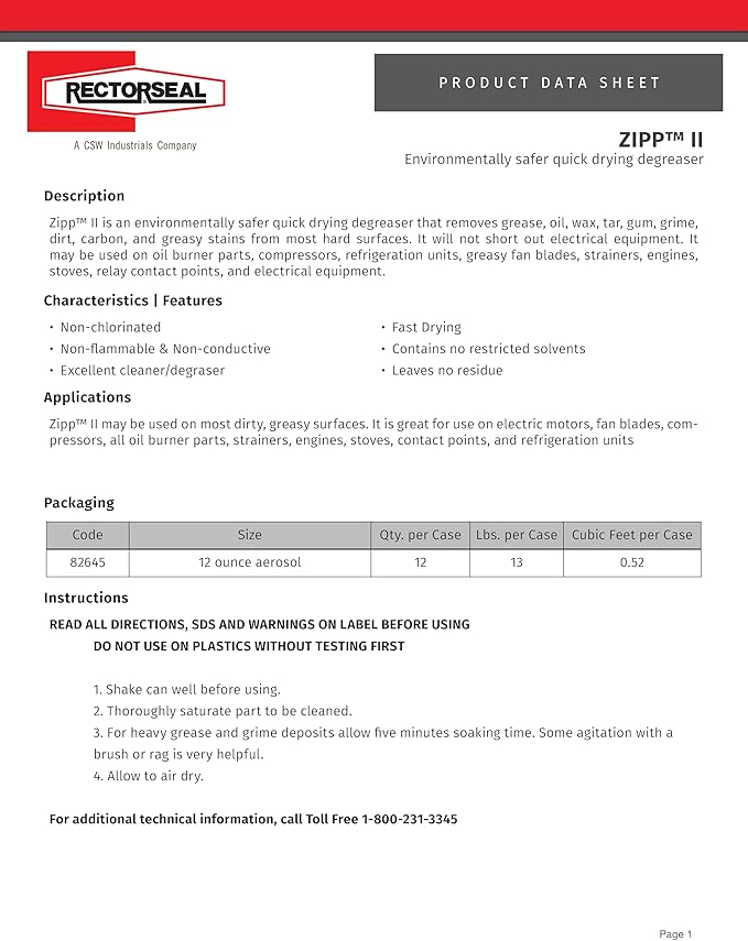 RectorSeal Zipp II 82645 Quick-Dry Degreaser, Fast Acting, HVAC, 12 oz.