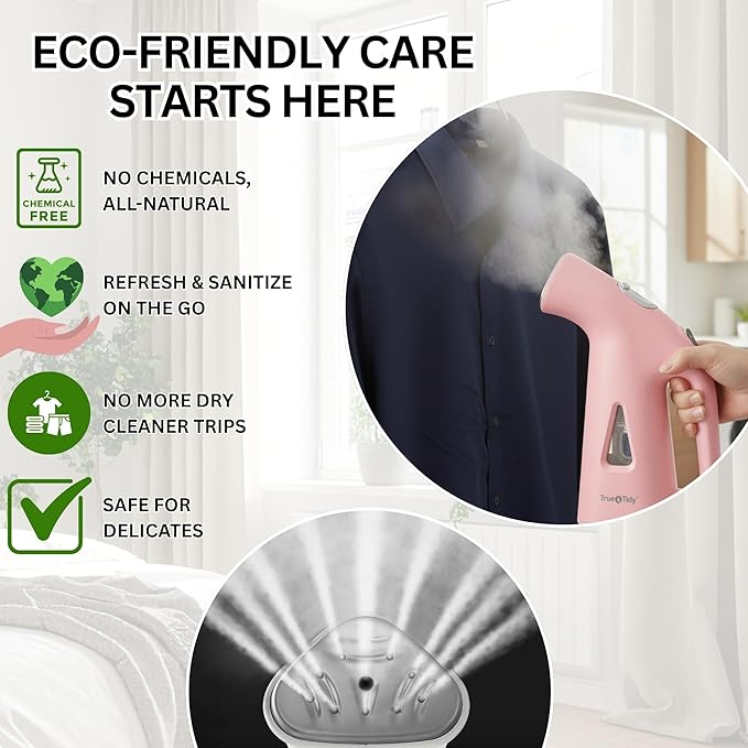 True & Tidy Compact Handheld Garment Steamer for Clothes, Travel Steamer with Stainless Steel Nozzle, 800 watts, Pink