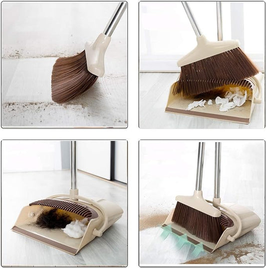 Broom and Dustpan Set Upright Self-Cleaning Sweeping Standing Set Use for Office Kitchen Home and Lobby Broom and Dustpan Combo (Beige)