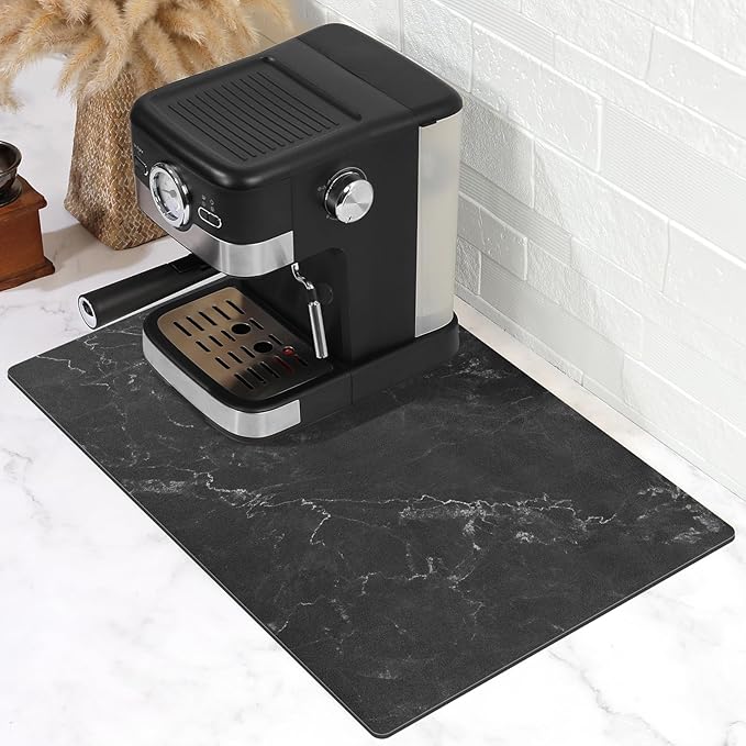 SUEH DESIGN Coffee Mat, Absorbent Dish Drying Mat 23.6 x 15.7 in Quick Dry Coffee Mat Large Drying Mats for Kitchen Counter Coffee Bar, Marble Black