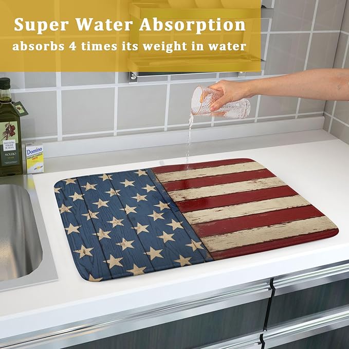 America Flag Star Stripes 4th of July Dish Drying Mat For Kitchen Counter Rustic Patriotic Independence Day Microfiber Absorbent Drying Mats Reversible Kitchen Countertop Drainer Pad 18x24 Inch