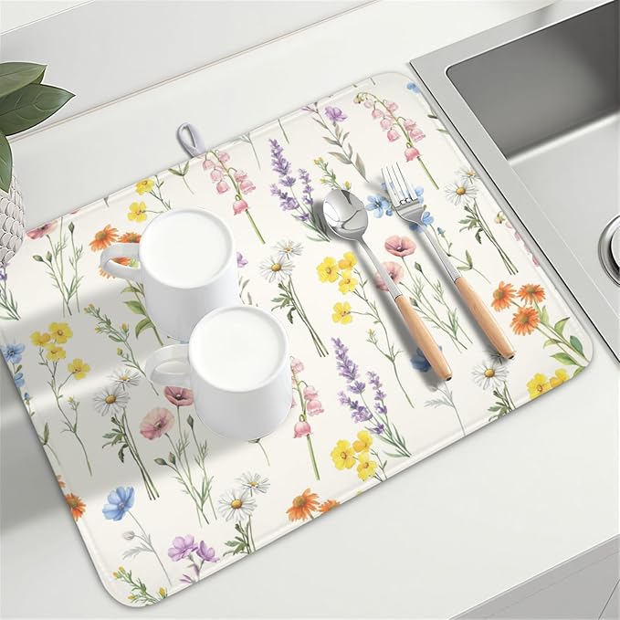 Spring Floral Dish Drying Mat for Kitchen Counter 18 x 24 Inch Colorful Flowers Dish Drainer Mat Absorbent Microfiber Dish Rack Pad for Summer Holiday Coffee Dining Bar Decor