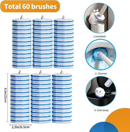 60pcs Disposable Toilet Brush Refill Pads, Replacement Brush Heads, Toilet Cleaner Refills,Disposable Wand Heads,Bathroom Cleaning,Toilet Cleaning Scrubbers Compatible with Most Toilet Brushes