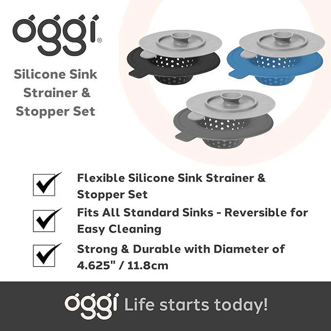 OGGI Silicone Sink Strainer & Stopper Set- Great Kitchen Sink Strainer, Silicone Drain Stopper, Sink Drain Strainer, Sink Plug 4.6˝ Diameter Rim, Gray (Pack of 2)