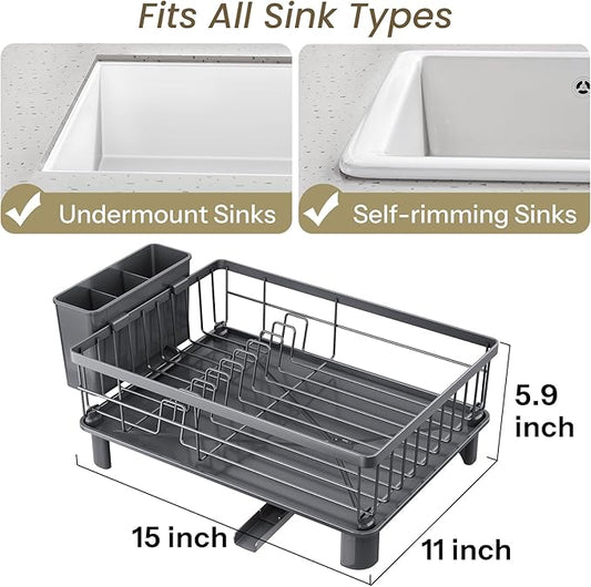 SNTD Dish Drying Rack - Small Dish Rack for Kitchen Counter, Stainless Steel Dish Drainer with Utensil Holder and Drainboard, 11" W x 15" L (Grey)