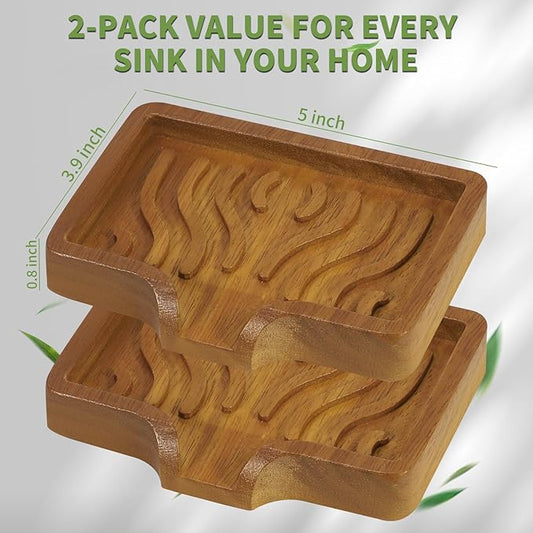 DEBETOOL 2Pack Wood Soap Dish - Natural Wooden Bar Soap Holder with Drain Spout Fast Drying for Shower & Kitchen Sink, Bathroom Sponge Holder with Tray(Waterproof)