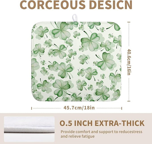 St Patrick's Day Clover Dish Drying Mat for Kitchen Counter Green Lucky Shamrock Microfiber Dish Drainer Mat St. Patrick's Day Absorbent Reversible Drying Pad Spring Sage Leaf Dish Rack Mat 16x18 In