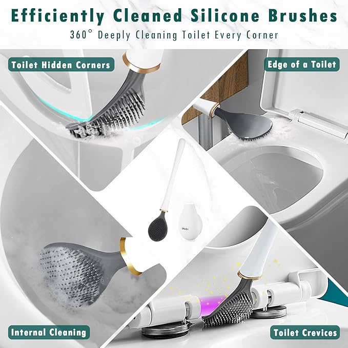 Modern Flexible Silicone Toilet Caspa, Silicone Toilet Bowl Brush and Holder Set, Flat Flexible Brush Holder Set, Water Drop Toilet Brush, Toilet Wand Cleaning Kit Wall Mounted(White)