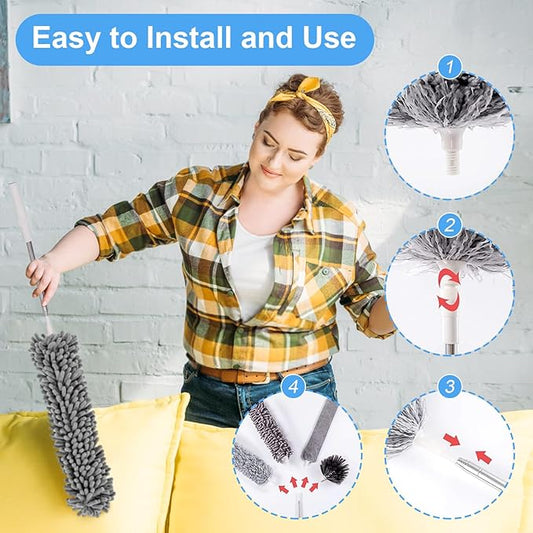 5-in-1 Kit Dusters for Cleaning, Duster with Extension Pole, Extendable Duster with 100 Inches, Microfiber Dusters, Webster Cobweb Duster for Cleaning Ceiling Fans, Furniture, Blinds - Blue