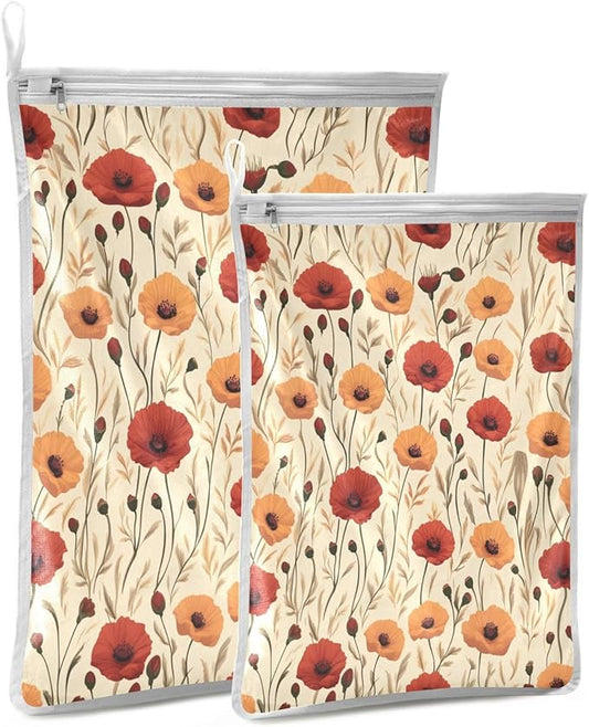 Mesh Laundry Bags Lingerie Bags for Washing Delicates 2 PCS Durable Wash Bag with Zipper Small and Medium Washable Cute Poppy Flowers Beige