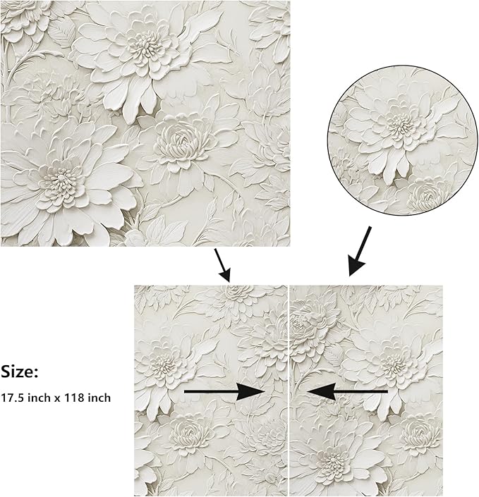 Beige Faux 3D Floral Peel and Stick Wallpaper Large Roll 17.5"x314" Removable Vintage Embossed Flower Contact Paper Waterproof Self Adhesive Wall Decor for Bedroom Living Room Cabinet Liner