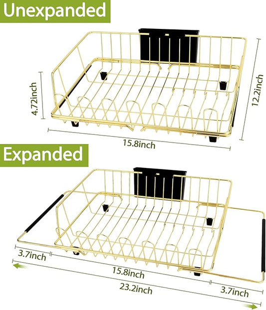 Golden Expandable Dish Drying Rack-Extra Large Stainless Steel Dish Drainer Over The Sink for Kitchen Countertop with Utensil Holder, Applicable for Sink Width 16'-22' (Gold,23.2'*12.2')