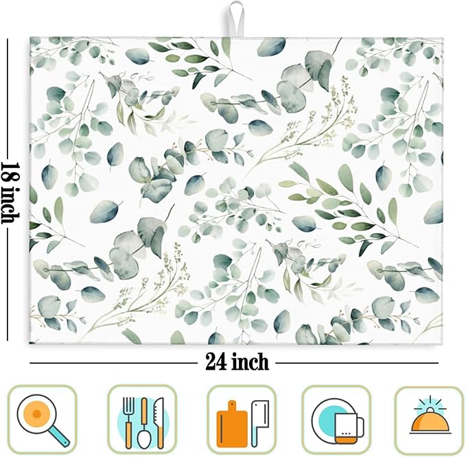 Dish Drying Mat for Kitchen Counter Microfiber Absorbent Dish Draining Reusable Washable Extra Large 18"x24" (Sage Leaves, 18x24in)