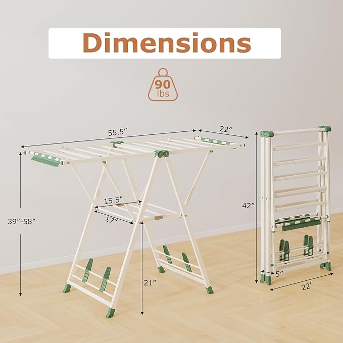 Giantex Clothes Drying Rack, Foldable Metal Laundry Drying Rack with Height Adjustable Wings, 16 Drying Rails, Sock Clips & Shoe Racks, Freestanding Clothing Stand for Indoor & Outdoor, Beige