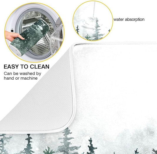 Winter Forest Scenery Dish Drying Mat for Kitchen Christmas Tree Snow Xmas Microfiber Drying Mats Absorbent Reversible Dish Pad Large Dish Draining Mat 18x24 inch