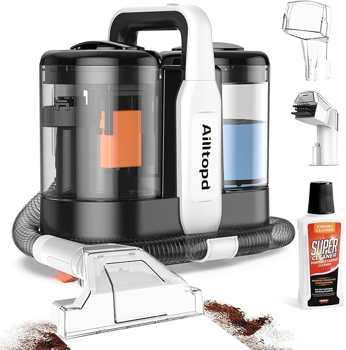 Portable Carpet & Upholstery Cleaner Machine, 15Kpa Powerful Suction & Deep Cleaning Cleaner Machine for Couch, Rugs, Carpet, Car, Pet, Furniture Cleaner with 2 Brushheads and Cleaner Solution