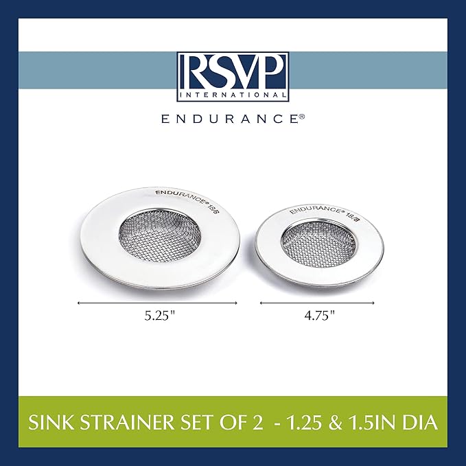 RSVP International Stainless Steel Kitchen Sink Strainer, Food Scrap Trap, Dishwasher Safe, Stainless Steel, Strainer Set of 2 Assorted