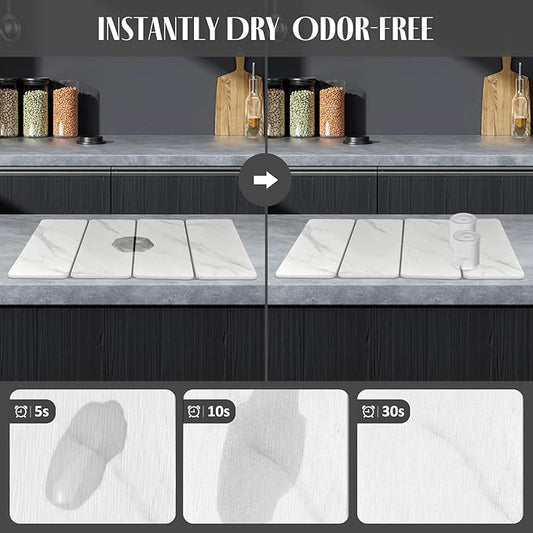 Large Stone Dish Drying Mats for Kitchen Counter, 24"(L)×16"(W) Marble pattern, Drying Collapsible Dish Drying Mat, Eco-Friendly Absorbent Diatomaceous Earth Mats for Dishes Bottles Cups