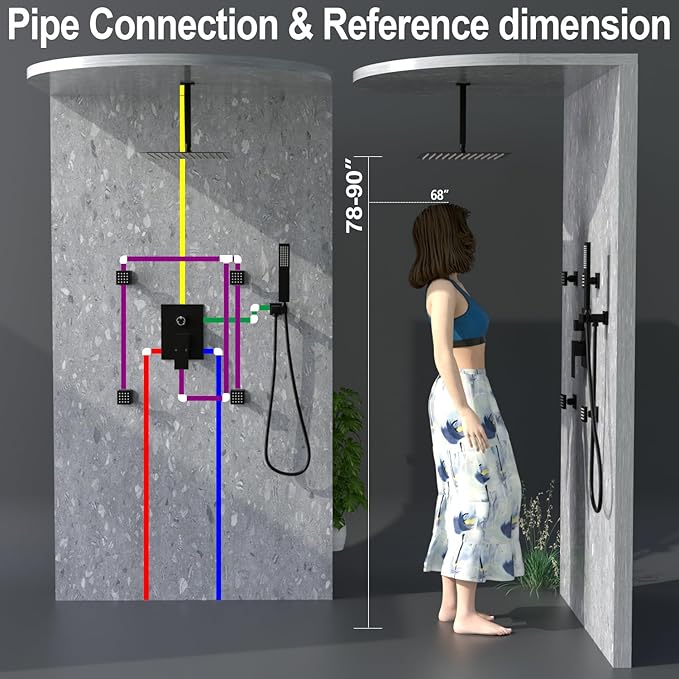 Enga 12 Inch Ceiling Mount Matte Black Shower System with Body Jets Bathroom Luxury Rain Mixer Shower Combo Set Ceiling Rainfall Shower Jets System Faucet Rough-in Valve and Trim Included