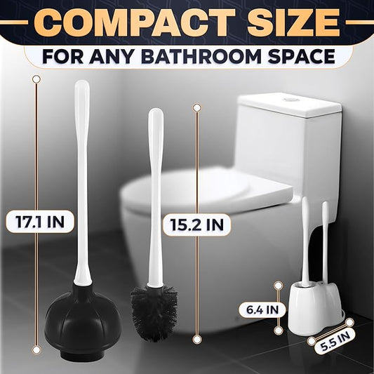 2 in 1 Toilet Plunger and Brush Set White - Toilet Brush and Plunger Set White with Stiff Bristles, Strong Vacuum Suction and Holder - Space-Saving Stand, Fits Most Standard Toilets, 9.3×6.3×15.2 inch