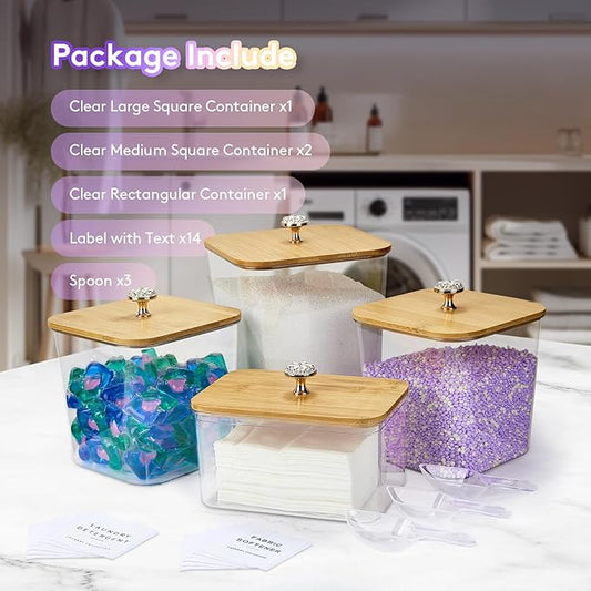 POLRAI 4 Pack Laundry Pod Containers and Dryer Sheet Holder for Laundry Room Organization Clear Jars with Lids and Labels for Laundry Detergent Laundry Pods Dry Sheet Organizing