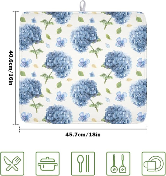 Spring Summer Hydrangea Dish Drying Mat for Kitchen Counter 16 x 18 Inch Blue Floral Dish Drainer Mat Absorbent Microfiber Dish Rack Pad for Holiday Coffee Dining Bar Decor