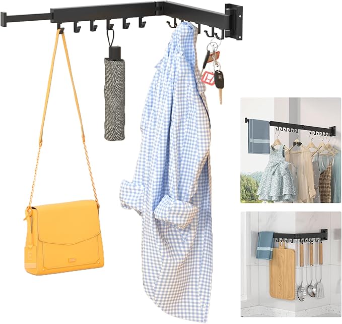 ptlsy Wall Mounted Portable Folding Clothes Drying Rack with Hooks,Space Saver Clothes Hangers Design Universal for Balcony, Mudroom, Bedroom, Kitchen, Foldable Laundry Rack (2-Pole Black)