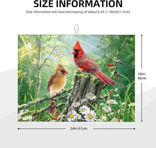 Red Bird Dish Drying Mats for Kitchen Counter, Absorbent Reversible Microfiber Dish Drying Pad, Multi-Use Large Drying Mat Coffee Bar Accessories 18"x24"
