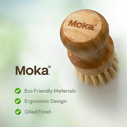 Moka Bamboo Dish Brush - Eco Friendly Scrub Brush with Natural Bristle - Premium Bamboo Dish Scrubber for Kitchen Cleaning, Dishes, Pots, and Pans - Sustainable and Durable Design