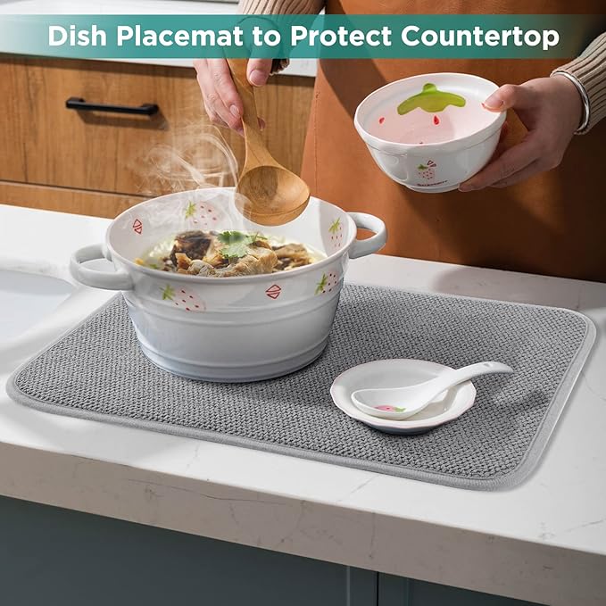 GeeRic Microfiber Dish Drying Mat, Super Absorbent Kitchen Dish Drying Pad for Mother's Day, Reversible Gift Mats for Countertop, 12 * 16 inch Gray